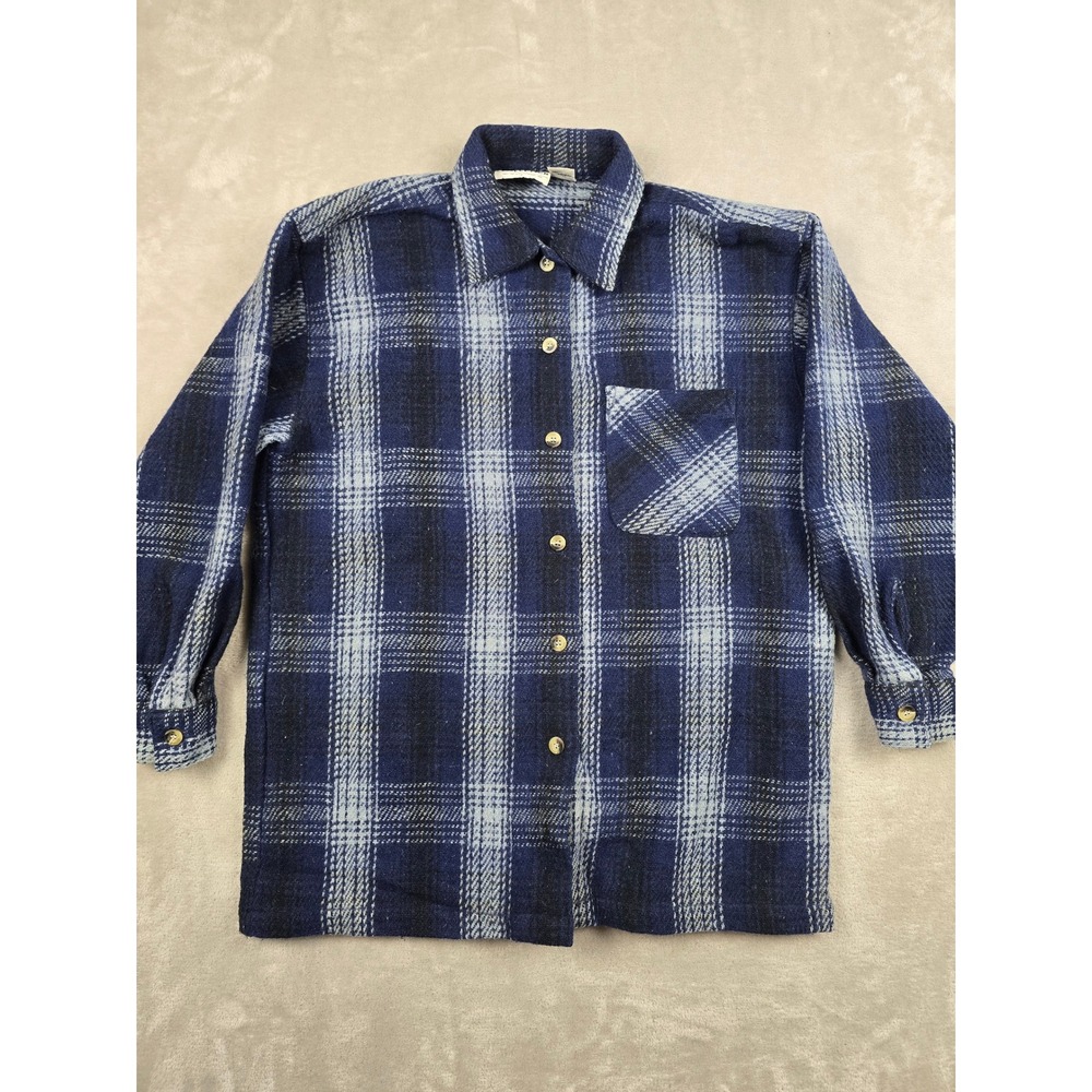 Vintage Karans Kollection Plaid Flannel Shirt Womens M Blue Wool Blend Pocket
